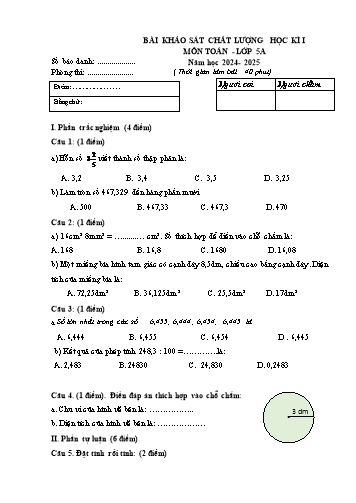Đề khảo sát chất lượng học kì I Toán 5 - Năm học 2024-2025 (Có đáp án)