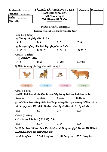 Đề khảo sát chất lượng học kì I Toán Lớp 3 - Năm học 2024-2025 (Có đáp án)