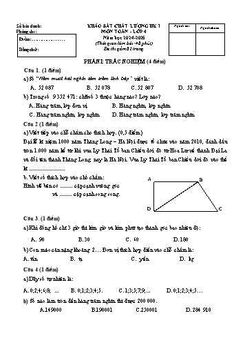 Đề khảo sát chất lượng học kì môn Toán Lớp 4 - Năm học 2024-2025 (Có đáp án)