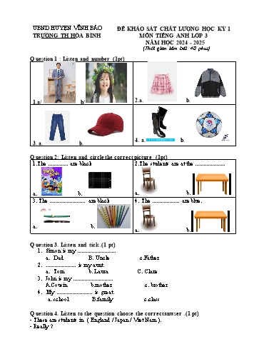 Đề khảo sát chất lượng học kỳ I môn Tiếng Anh 3 - Năm học 2024-2025 - Trường Tiểu học Hòa Bình