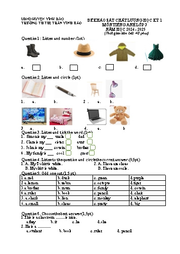 Đề khảo sát chất lượng học kỳ I môn Tiếng Anh Lớp 3 - Năm 2024-2025 - Trường Tiểu học Thị trấn Vĩnh Bảo (Có đáp án + File nghe)