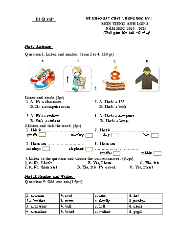 Đề khảo sát chất lượng học kỳ I môn Tiếng Anh Lớp 3 - Năm học 2024-2025 (Có đáp án)