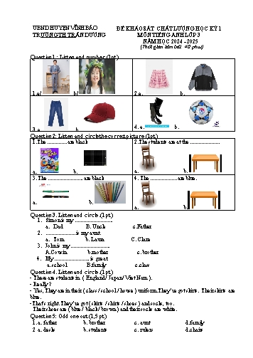 Đề khảo sát chất lượng học kỳ I môn Tiếng Anh Lớp 3 - Năm học 2024-2025 - Trường Tiểu học Trấn Dương (Có đáp án)