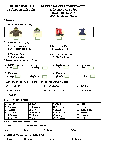 Đề khảo sát chất lượng học kỳ I môn Tiếng Anh Lớp 3 - Năm học 2024-2025 - Trường Tiểu học Việt Tiến (Có đáp án + File nghe)