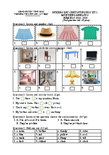 Đề khảo sát chất lượng học kỳ I môn Tiếng Anh Lớp 3 - Năm học 2024-2025 - Trường Tiểu học Liêm Am - Lý Học (Có đáp án)