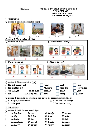 Đề khảo sát chất lượng học kỳ I môn Tiếng Anh Lớp 4 - Năm học 2024-2025 (Có đáp án)