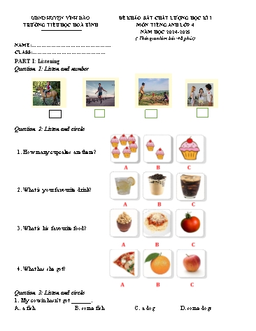 Đề khảo sát chất lượng học kỳ I môn Tiếng Anh Lớp 4 - Năm học 2024-2025 - Trường Tiểu học Hòa Bình