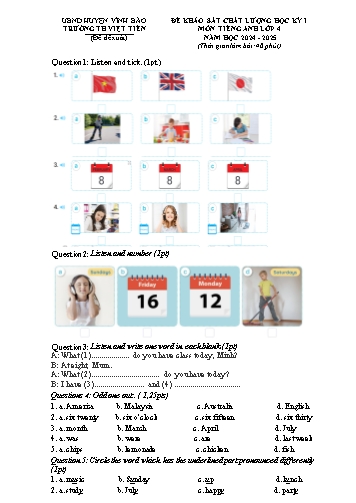 Đề khảo sát chất lượng học kỳ I môn Tiếng Anh Lớp 4 - Năm học 2024-2025 - Trường Tiểu học Việt Tiến (Có đáp án + File nghe)