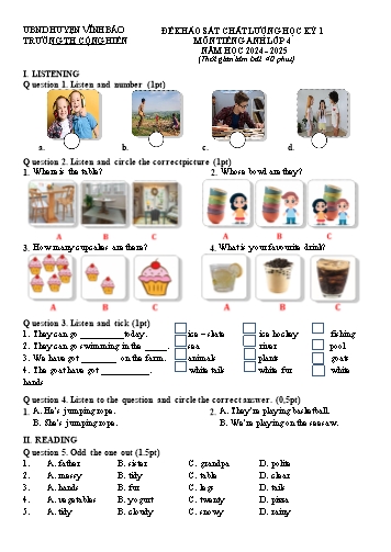 Đề khảo sát chất lượng học kỳ I môn Tiếng Anh Lớp 4 - Năm học 2024-2025 - Trường Tiểu học Cộng Hiền (Có đáp án + File nghe)