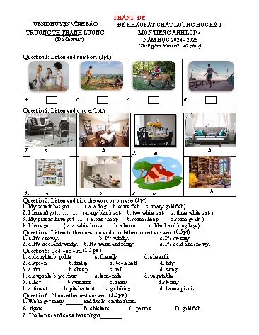 Đề khảo sát chất lượng học kỳ I môn Tiếng Anh Lớp 4 - Trường Tiểu học Thanh Lương (Có đáp án)
