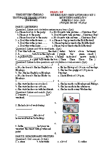 Đề khảo sát chất lượng học kỳ I môn Tiếng Anh Lớp 5 - Năm học 2024-2025 - Trường Tiểu học Thanh Lương (Có đáp án)