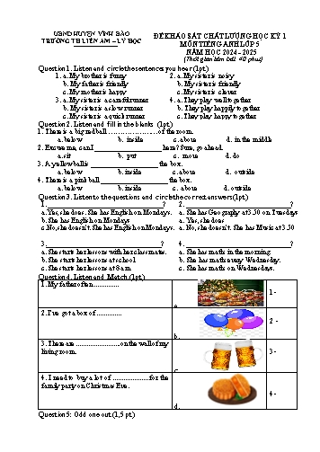 Đề khảo sát chất lượng học kỳ I môn Tiếng Anh Lớp 5 - Năm học 2024-2025 - Trường Tiểu học Thiên Am - Lý Học (Có đáp án)