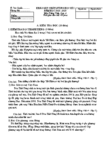 Đề khảo sát chất lượng học kỳ I môn Tiếng Việt  4 - Năm học 2024-2025 (Có đáp án)