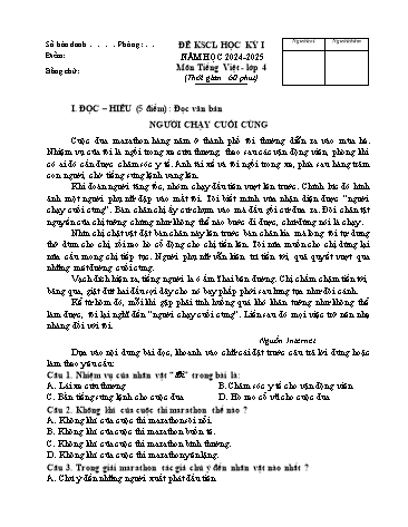 Đề khảo sát chất lượng học kỳ I môn Tiếng Việt Lớp 4 - Năm học 2024-2025 (Có đáp án)