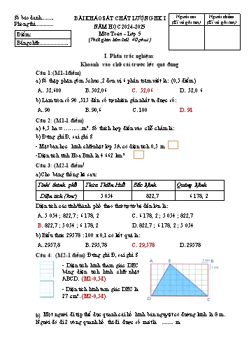 Đề khảo sát chất lượng học kỳ I môn Toán 5 - Năm học 2024-2025 (Có đáp án)
