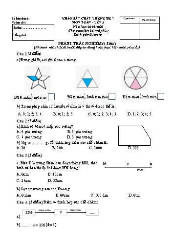 Đề khảo sát chất lượng học kỳ I môn Toán Lớp 3 - Năm học 2024-2025 (Có đáp án)