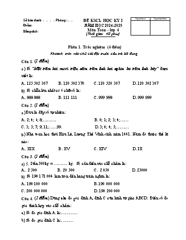 Đề khảo sát chất lượng học kỳ I môn Toán Lớp 4 - Năm học 2024-2025 (Có đáp án)
