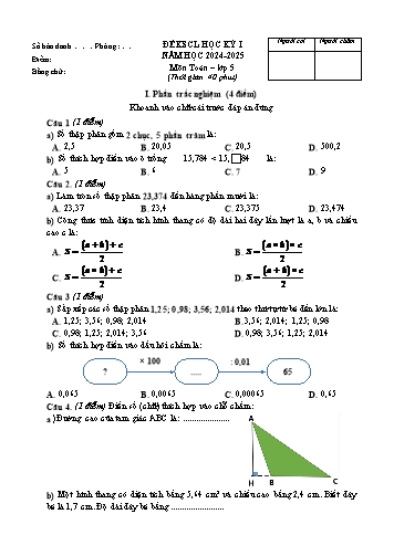 Đề khảo sát chất lượng học kỳ I môn Toán Lớp 5 - Năm học 2024-2025 (Có đáp án)