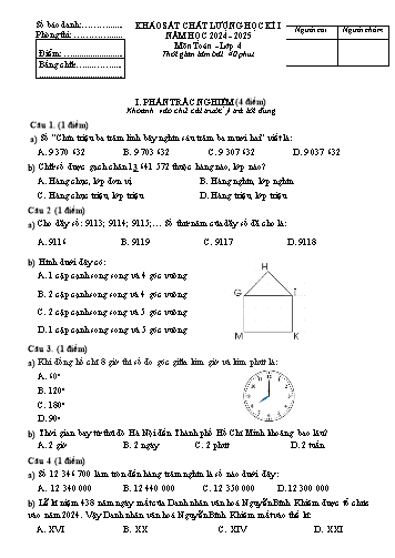 Đề khảo sát chất lượng học kỳ I Toán 4 - Năm học 2024-2025 (Có đáp án)