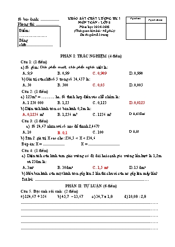 Đề khảo sát chất lượng học kỳ I Toán 5 - Năm học 2024-2025 (Có đáp án)