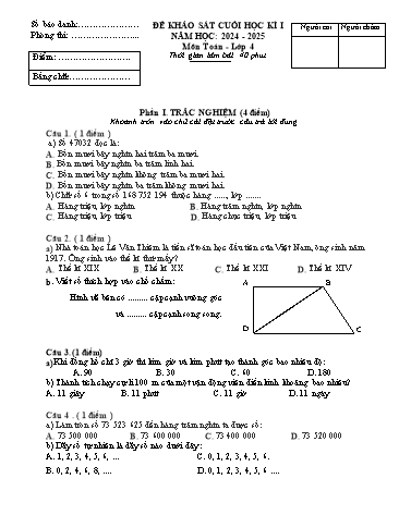 Đề khảo sát cuối học kì I môn Toán Lớp 4 - Năm học 2024-2025 (Có đáp án)
