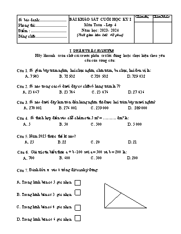 Đề khảo sát cuối học kì I môn Toán + Tiếng Việt Lớp 4 - Năm học 2023-2024 (Có đáp án)
