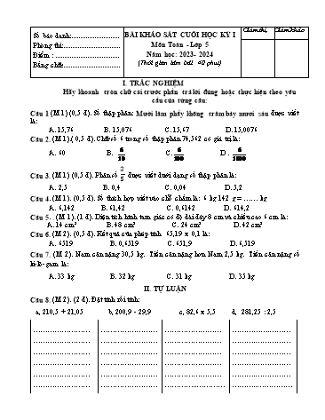 Đề khảo sát cuối học kỳ I môn Toán + Tiếng Việt Lớp 5 - Năm học 2023-2024 (Có đáp án)