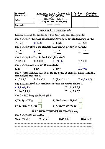 Đề khảo sát cuối học kỳ I Toán Lớp 5 - Năm học 2023-2024 (Có đáp án)