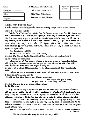 Đề khảo sát học kì I môn Tiếng Việt Lớp 4 - Năm học 2024-2025 (Có đáp án)