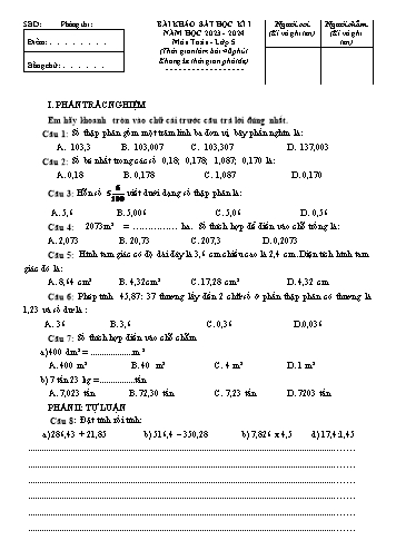 Đề khảo sát học kì I môn Toán Lớp 5 - Năm học 2023-2024 (Có đáp án)