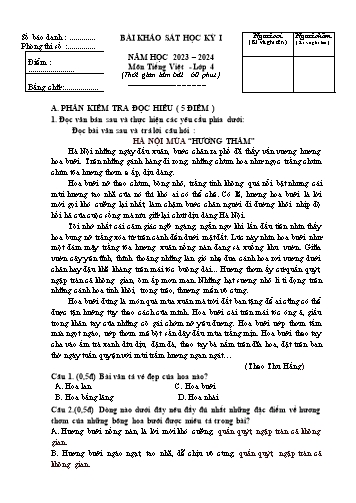 Đề khảo sát học kỳ I môn Tiếng Việt Lớp 4 - Năm học 2023-2024 (Có đáp án)