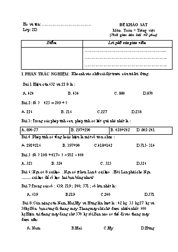 Đề khảo sát môn Toán + Tiếng Việt Lớp 2