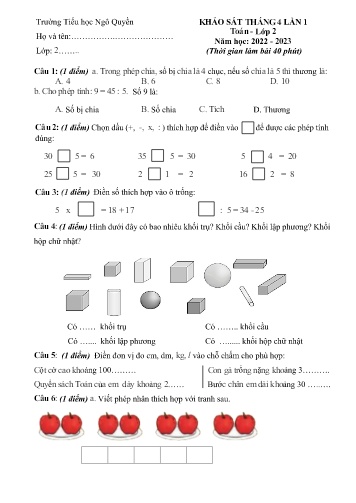 Đề khảo sát tháng 4 lần 1 môn Toán 2 - Trường Tiểu học Ngô Quyền - Năm học 2022-2023