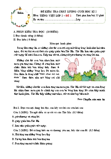 Đề kiểm tra chất lượng cuối học kì 2 môn Tiếng Việt 2