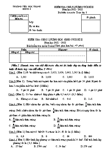 Đề kiểm tra chất lượng cuối học kỳ II môn Toán Lớp 5 - Năm học 2021-2022 - Trường Tiểu học Thạnh Đông 4 (Có đáp án + Ma trận)
