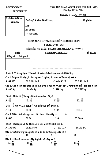 Đề kiểm tra chất lượng giữa học kì II môn Toán - Năm học 2023-2024 (Có đáp án + Ma trận)