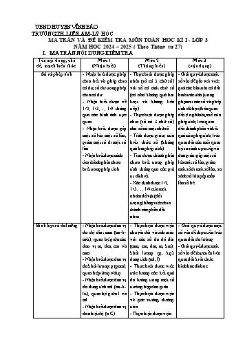 Đề kiểm tra chất lượng học kỳ I môn Toán 3 - Năm học 2024-2025 (Có đáp án + Ma trận)