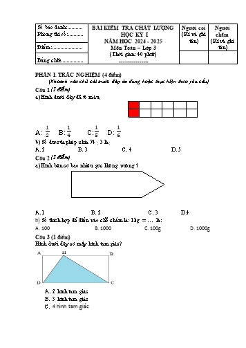 Đề kiểm tra chất lượng học kỳ I môn Toán Lớp 3 - Năm học 2024-2025 (Có đáp án)
