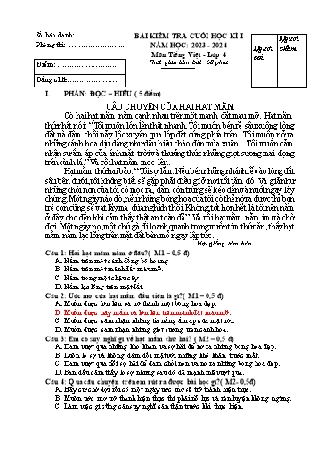 Đề kiểm tra cuối học kì I môn Tiếng Việt  4 - Năm học 2023-2024 (Có đáp án)