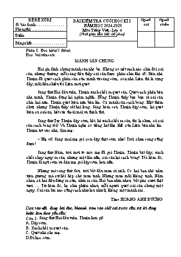 Đề kiểm tra cuối học kì I môn Tiếng Việt 4 - Năm học 2024-2025 (Có đáp án)