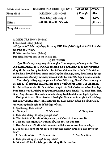 Đề kiểm tra cuối học kì I môn Tiếng Việt Lớp 3 - Năm học 2024-2025 (Có đáp án)