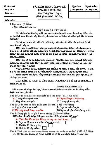 Đề kiểm tra cuối học kì I môn Tiếng Việt Lớp 4 - Năm học 2024-2025 (Có đáp án)