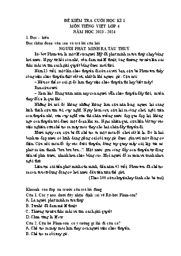 Đề kiểm tra cuối học kì I môn Tiếng Việt - Năm học 2023-2024 (Có đáp án)