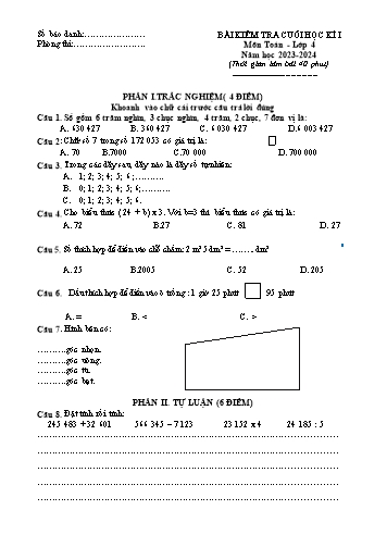 Đề kiểm tra cuối học kì I môn Toán 4 - Năm học 2023-2024 (Có đáp án)