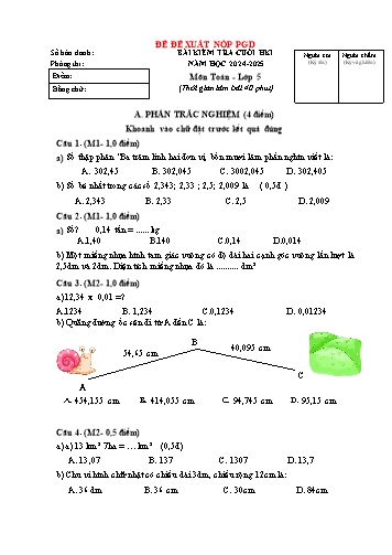 Đề kiểm tra cuối học kì I môn Toán 5 - Năm học 2024-2025 (Có đáp án)