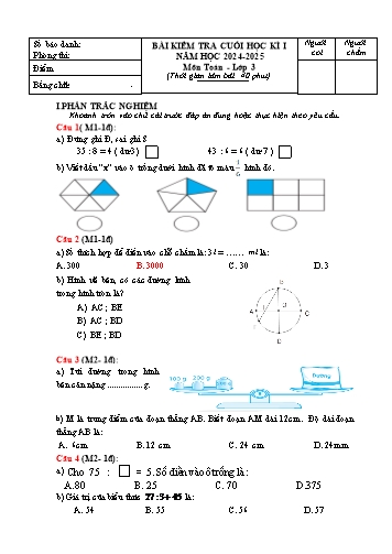 Đề kiểm tra cuối học kì I môn Toán Lớp 3 - Năm học 2024-2025 (Có đáp án)