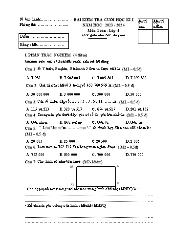 Đề kiểm tra cuối học kì I môn Toán Lớp 4 - Năm học 2023-2024 (Có đáp án)