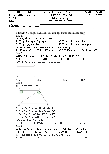 Đề kiểm tra cuối học kì I môn Toán Lớp 4 - Năm học 2024-2025 (Có đáp án)
