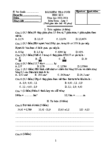 Đề kiểm tra cuối học kì I môn Toán Lớp 5 - Năm học 2023-2024 (Có đáp án)