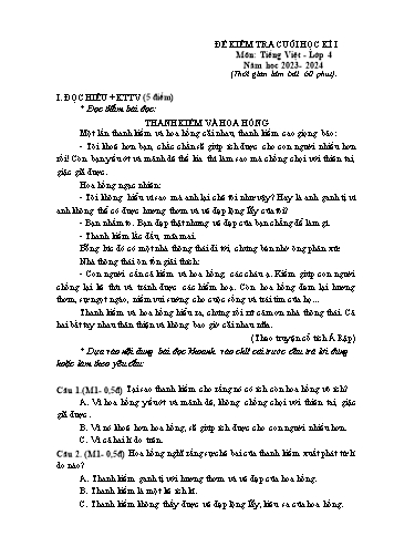 Đề kiểm tra cuối học kì I Tiếng Việt 4 - Năm học 2023-2024 (Có đáp án)